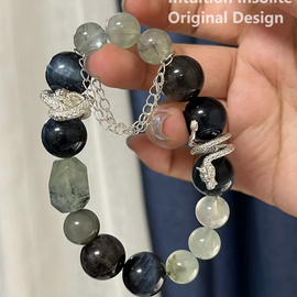 Green Garnet (Tsavorite), Blue Tiger Eye, and Silver Sheen Obsidian Crystal Designed Bracelet