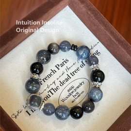 Lapis Lazuli, Blue Fluorite, Silver Sheen Obsidian, and Black Obsidian Crystal Design Bracelet