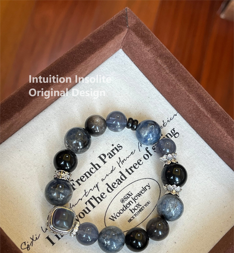Lapis Lazuli, Blue Fluorite, Silver Sheen Obsidian, and Black Obsidian Crystal Design Bracelet