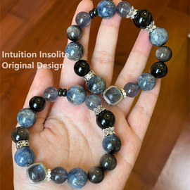 Lapis Lazuli, Blue Fluorite, Silver Sheen Obsidian, and Black Obsidian Crystal Design Bracelet