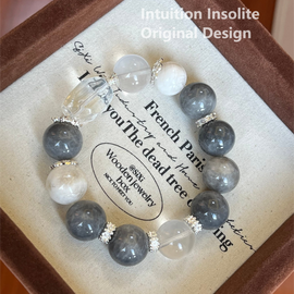 Blue Grey Rabbit Fur, Snowflake Obsidian, and Milky Quartz Crystal Design Bracelet