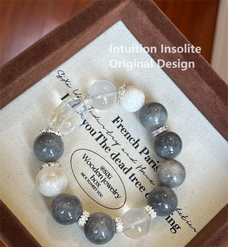 Blue Grey Rabbit Fur, Snowflake Obsidian, and Milky Quartz Crystal Design Bracelet
