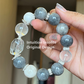 Blue Grey Rabbit Fur, Snowflake Obsidian, and Milky Quartz Crystal Design Bracelet