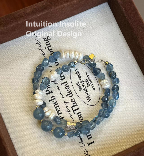 Aquamarine, Pearl, and S925 Silver Double Circle Crystal Design Bracelet