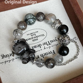 Large Silver Sheen Bear Charm Black Rutilated Silver Sheen Hawk's Eye Crystal Design Bracelet