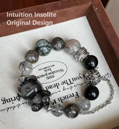 Large Silver Sheen Bear Charm Black Rutilated Silver Sheen Hawk's Eye Crystal Design Bracelet