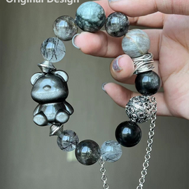 Large Silver Sheen Bear Charm Black Rutilated Silver Sheen Hawk's Eye Crystal Design Bracelet