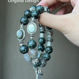 Green Dragon Quartz, Green Ghost Quartz, and Green Lithium Mica Cabochon Bracelet