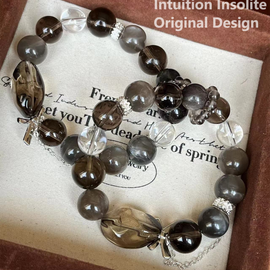 Smoky Quartz Moonstone White Crystal Butterfly Design Bracelet
