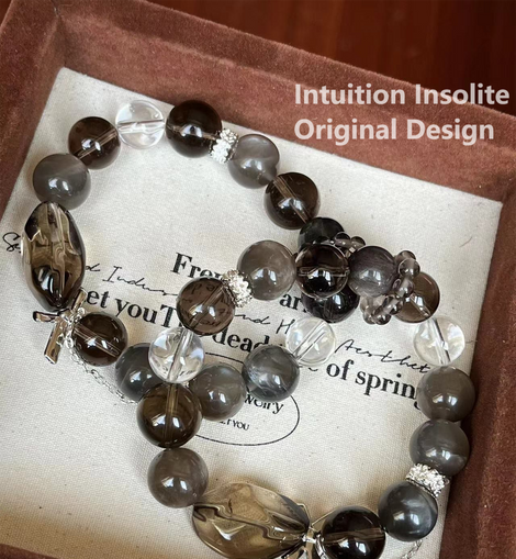 Smoky Quartz Moonstone White Crystal Butterfly Design Bracelet