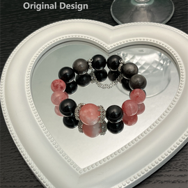 Silver Obsidian 14mm Chalcedony Bead 12mm Black and Pink Crystal Design Bracelet