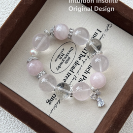 Morganite White Crystal Mozambique Rose Quartz Pearl 15-17mm Crystal Design Bracelet