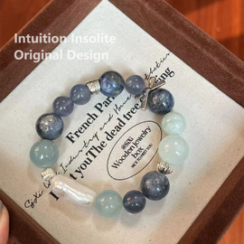 Lapis Lazuli, Aquamarine, and Baroque Pearl Crystal Design Bracelet