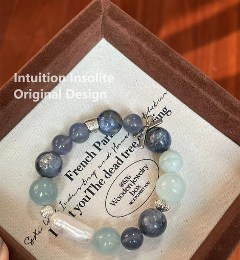 Lapis Lazuli, Aquamarine, and Baroque Pearl Crystal Design Bracelet