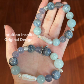 Lapis Lazuli, Aquamarine, and Baroque Pearl Crystal Design Bracelet