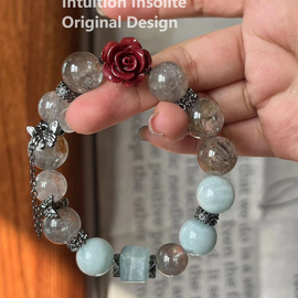 Phantom Quartz, Aquamarine, and Cinnabar Crystal Design Bracelet