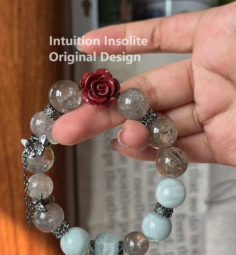 Phantom Quartz, Aquamarine, and Cinnabar Crystal Design Bracelet