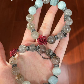Phantom Quartz, Aquamarine, and Cinnabar Crystal Design Bracelet