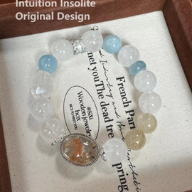 White Phantom Quartz, Aquamarine, Golden Hair Quartz, and Randomly Colored Ghost Agate Crystal Designed Bracelet