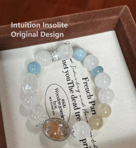 White Phantom Quartz, Aquamarine, Golden Hair Quartz, and Randomly Colored Ghost Agate Crystal Designed Bracelet