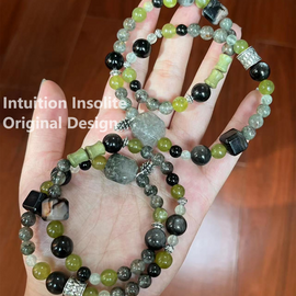 Green Ghost Quartz, Green Garnet (Tsavorite), Silver Sheen Obsidian, Green Sandalwood, and Black Cherry Blossom Cube Crystal Bracelet