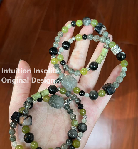 Green Ghost Quartz, Green Garnet (Tsavorite), Silver Sheen Obsidian, Green Sandalwood, and Black Cherry Blossom Cube Crystal Bracelet