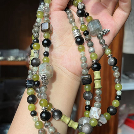 Green Ghost Quartz, Green Garnet (Tsavorite), Silver Sheen Obsidian, Green Sandalwood, and Black Cherry Blossom Cube Crystal Bracelet