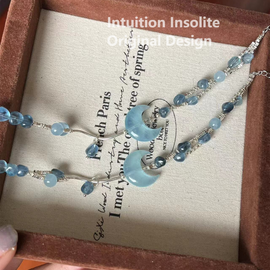 Aquamarine, Silver Flakes, and 925 Silver Moon Design Bracelet