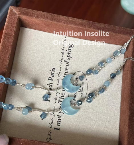 Aquamarine, Silver Flakes, and 925 Silver Moon Design Bracelet