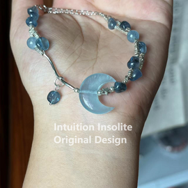 Aquamarine, Silver Flakes, and 925 Silver Moon Design Bracelet