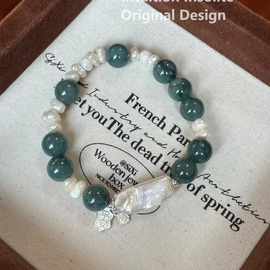 Jade, Pearl, and 925 Sterling Silver Crystal Designed Bracelet