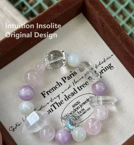 White Quartz Milky Kunzite Moonstone Crystal Pillar Moon Design Bracelet
