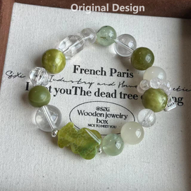 Dragon Scale Agate Bear, 14mm White Quartz, and Vesuvianite Crystal Designed Bracelet
