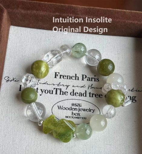 Dragon Scale Agate Bear, 14mm White Quartz, and Vesuvianite Crystal Designed Bracelet