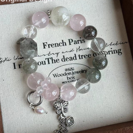 Green Ghost Quartz, Rose Quartz, and Snowflake Obsidian Crystal Designed Bracelet