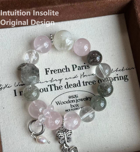 Green Ghost Quartz, Rose Quartz, and Snowflake Obsidian Crystal Designed Bracelet