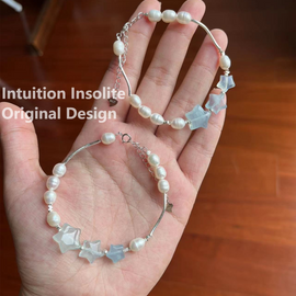 Pearl, Aquamarine, and Three Star Crystal Design Bracelet in Sterling Silver