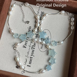 Pearl, Aquamarine, and Three Star Crystal Design Bracelet in Sterling Silver