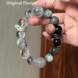 Blue-Grey Rabbit Hair White Crystal Silver Sheen Serpentine Design Bracelet