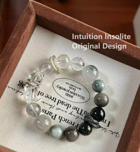 Blue-Grey Rabbit Hair White Crystal Silver Sheen Serpentine Design Bracelet
