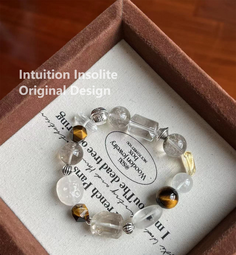 White Quartz, Yellow Quartz, Tiger's Eye, and Rutilated Quartz Crystal Designed Bracelet