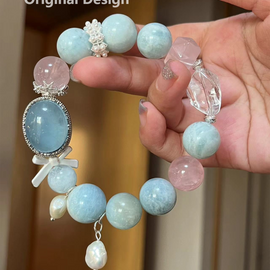Aquamarine, Rose Quartz, White Crystal, and Pearl Crystal Designed Bracelet
