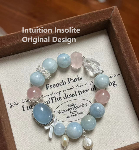 Aquamarine, Rose Quartz, White Crystal, and Pearl Crystal Designed Bracelet