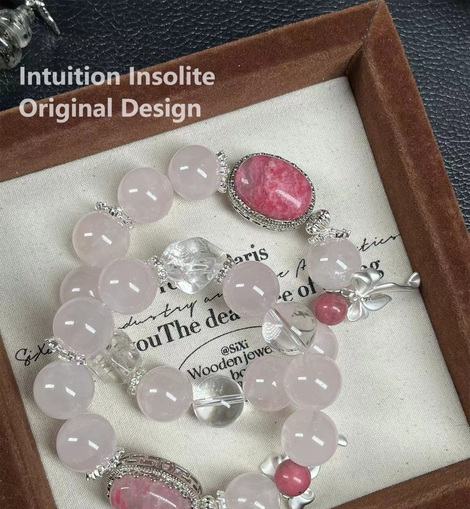 14-15mm Rose Quartz White Quartz Sakura Rain Cabochon Crystal Design Bracelet