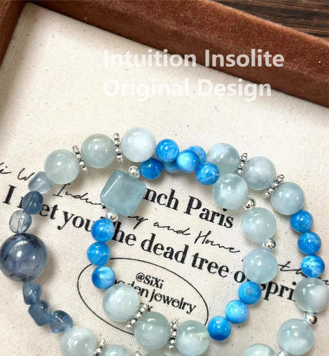 Aquamarine, Blue Lapis Lazuli, and Long Strand Crystal Designed Bracelet