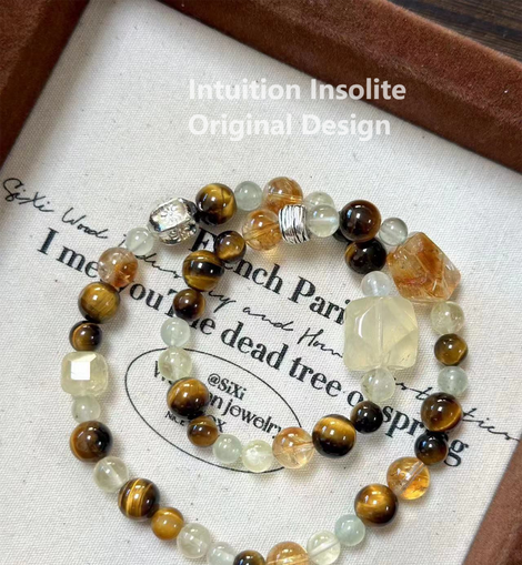 Lemon Quartz, Yellow Tiger's Eye, and Yellow Tourmaline Grapestone Crystal Designed Bracelet