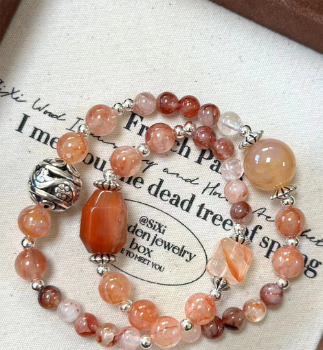 South Red Agate, Gel Flower, and Dragon Scale Agate Crystal Designed Bracelet