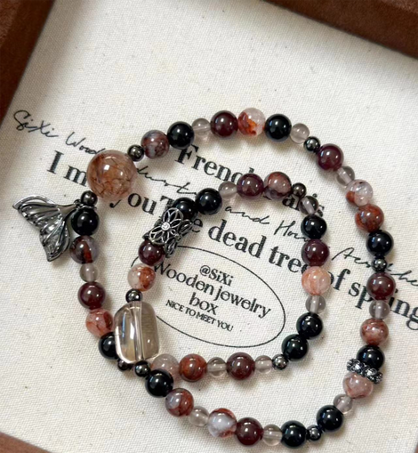 arnet, Gel Flower, Obsidian, Smoky Quartz, and Black Gold Mermaid Tail Crystal Designed Bracelet