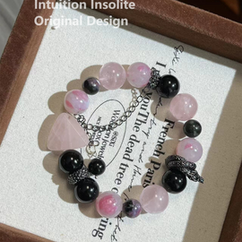 Sakura Rain Rose Quartz Obsidian Triangle Snake Crystal Design Bracelet