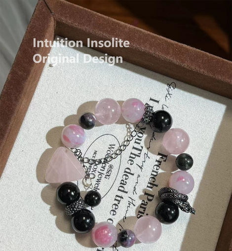 Sakura Rain Rose Quartz Obsidian Triangle Snake Crystal Design Bracelet